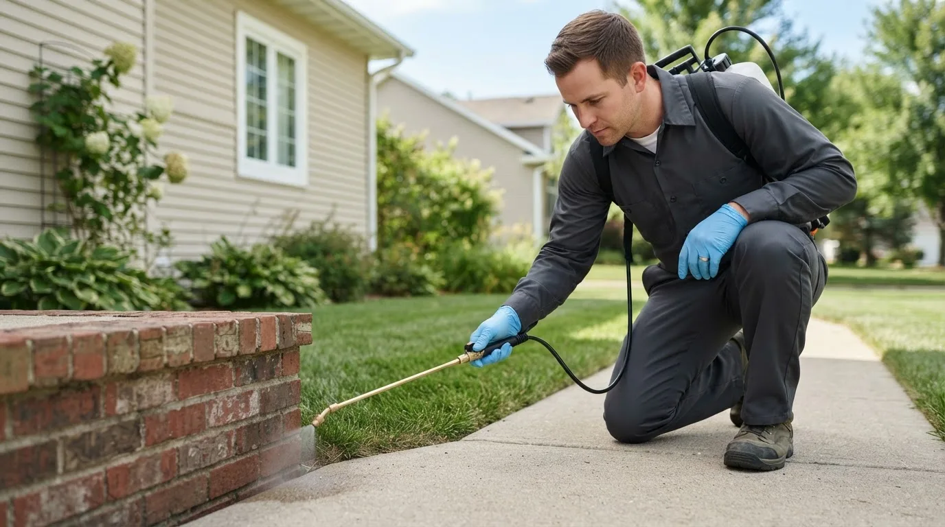 Pest control technician treating a home near Cedar, IA