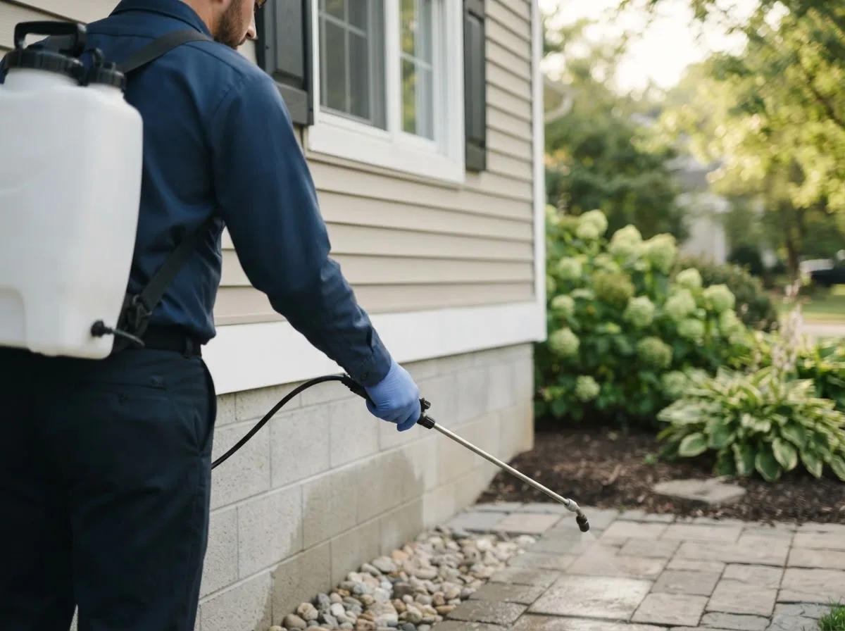 Pest control technician inspecting a home in Cedar, IA